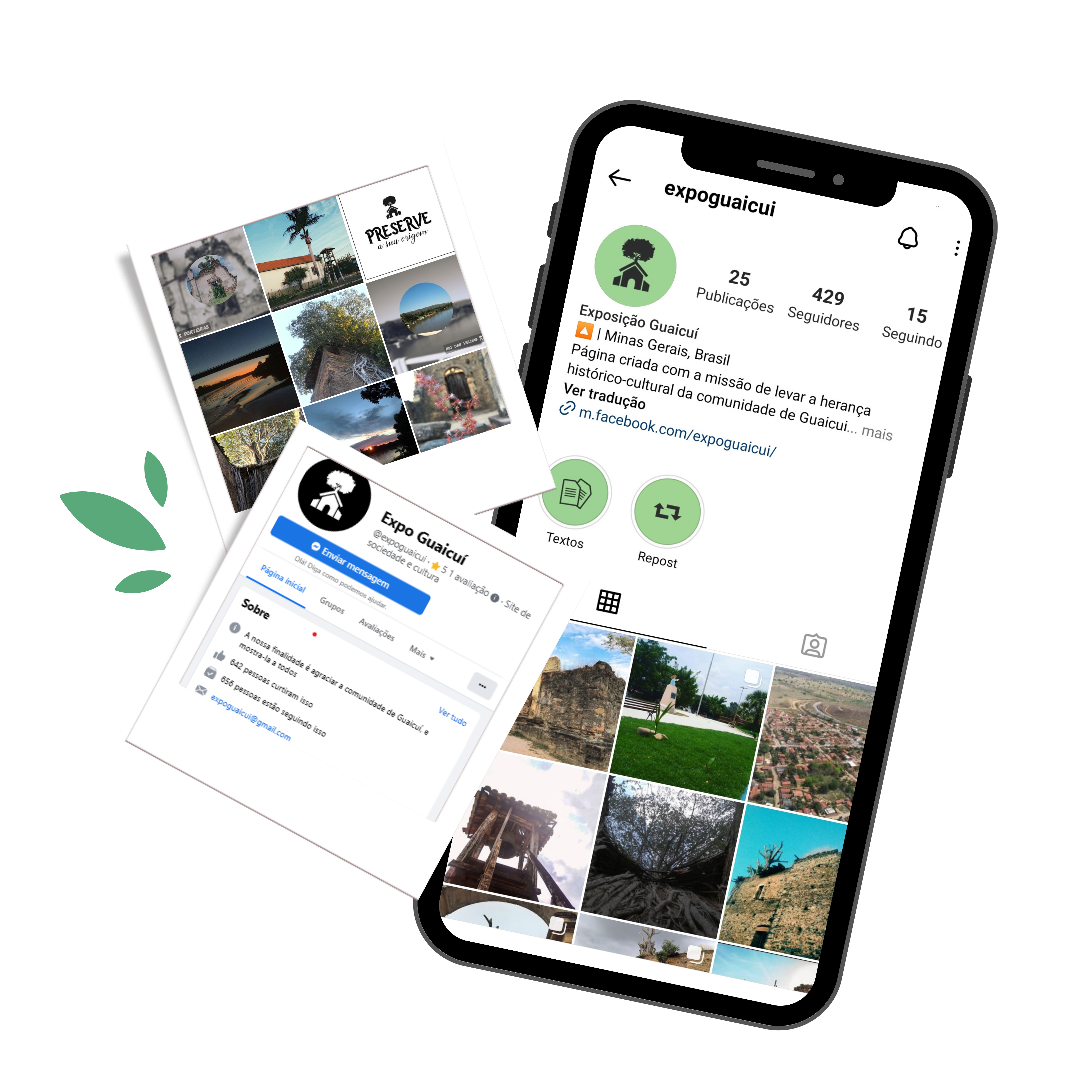 Imagem grafica com montagens mostrando as paginas que o projeto possui nas redes sociais